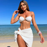 Romantic Textured High Cut Bandeau O Ring Brazilian Three Piece Bikini Swimsuit